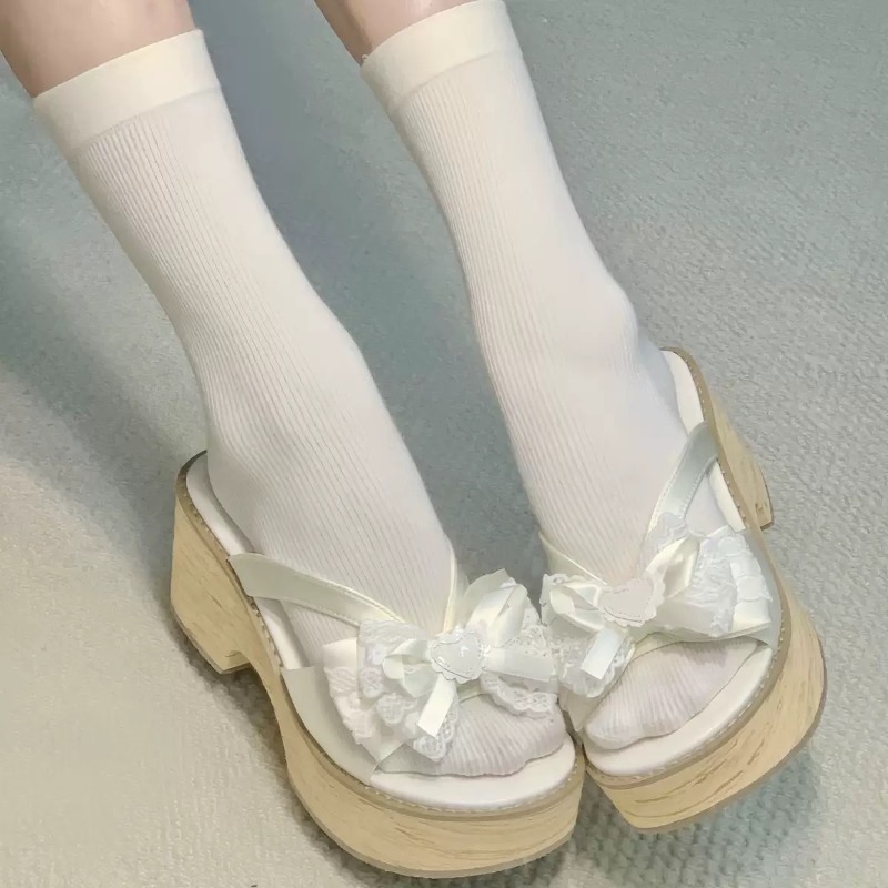 Sweet Bow Wood Grain Thick Bot - Summer Clothing Stores ulasan dan harga